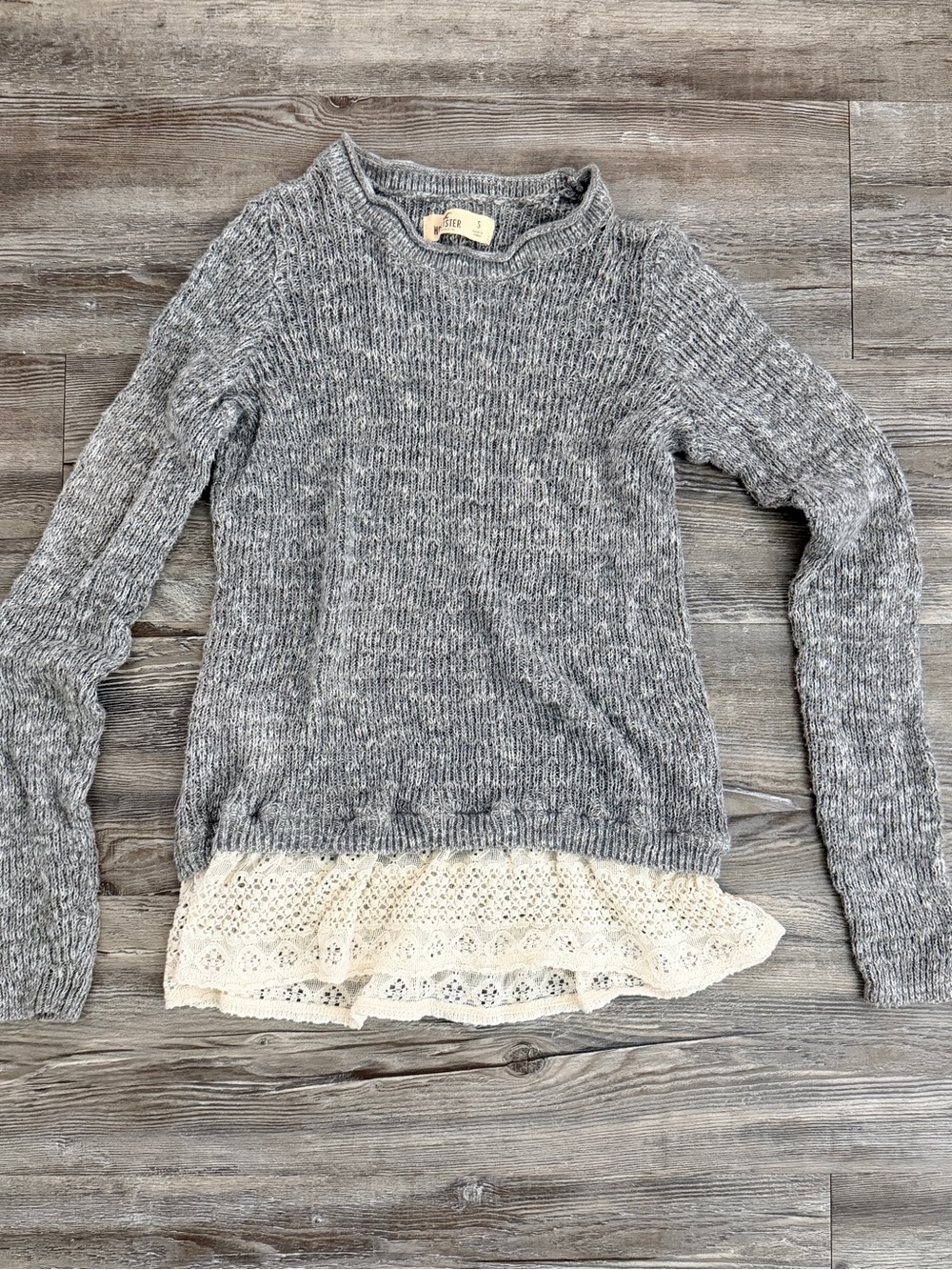 Hollister Gray Knit Crewneck Sweater with Cream Lace Hem
